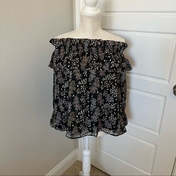 LOFT Size Small Off the Shoulder Black Floral Print - Picture 1 of 4